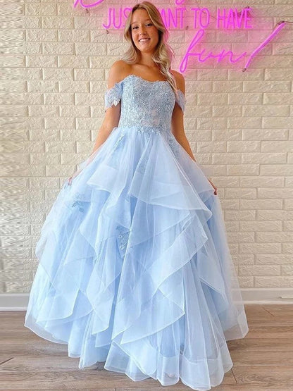 A-Line/Princess Tulle Applique Off-the-Shoulder Sleeveless Floor-Length Prom Dress