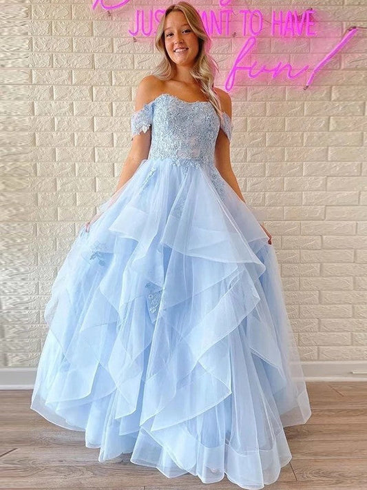 A-Line/Princess Tulle Applique Off-the-Shoulder Sleeveless Floor-Length Prom Dress