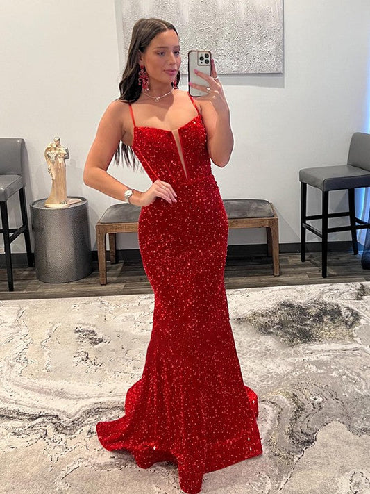 Sheath/Column Spaghetti Straps Sleeveless Sweep/Brush Train Prom Dress