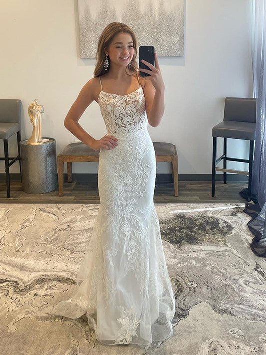 Sheath/Column Tulle Applique Spaghetti Straps Sleeveless Sweep/Brush Train Prom Dress