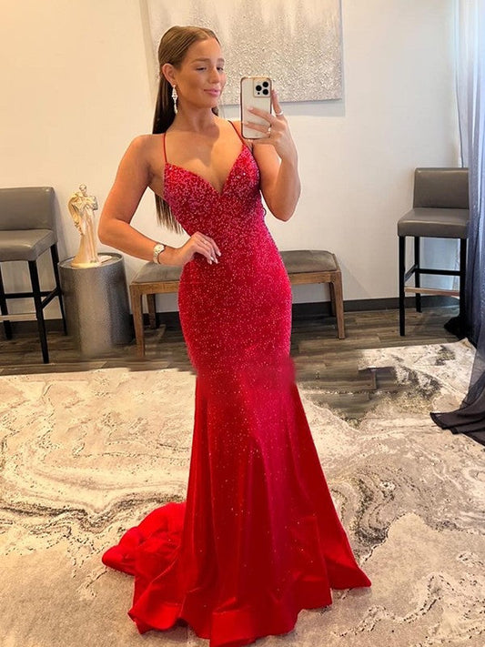 Sheath/Column Ruched V-neck Stretch Crepe Sleeveless Sweep/Brush Train Prom Dress