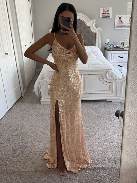 Sheath/Column Ruched Spaghetti Straps Sleeveless Floor-Length Prom Dress