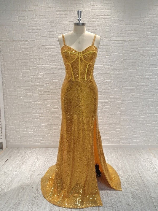Sheath/Column Sequins Spaghetti Straps Sleeveless Sweep/Brush Train Corset Prom Dress