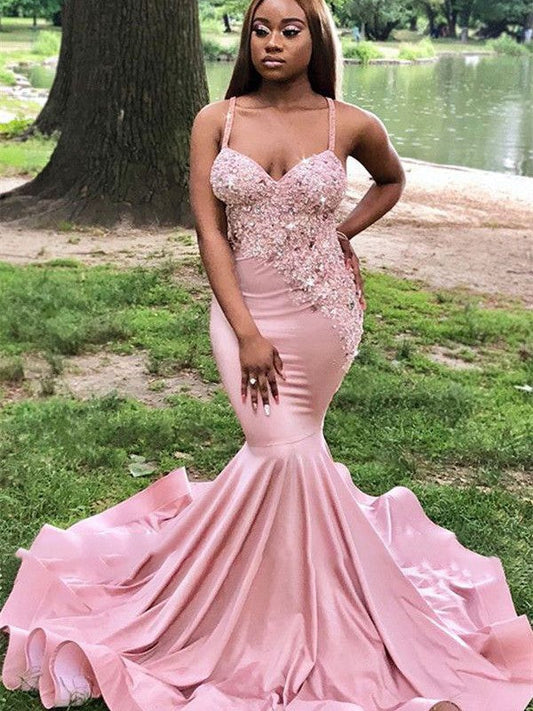 Trumpet/Mermaid Silk like Satin Applique V-neck Sleeveless Sweep/Brush Train Prom Dress