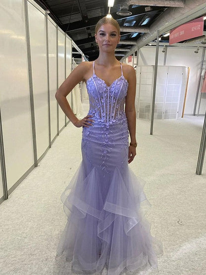 Sheath/Column Tulle Applique V-neck Sleeveless Sweep/Brush Train Prom Dress