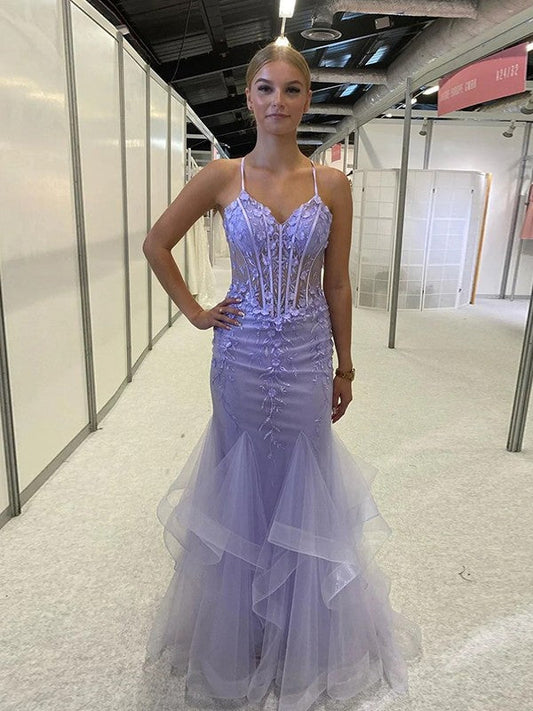 Sheath/Column Tulle Applique V-neck Sleeveless Sweep/Brush Train Prom Dress
