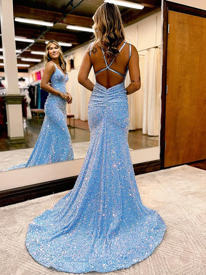 Sheath/Column Velvet Sequins Ruched V-neck Sleeveless Sweep/Brush Train Prom Dress