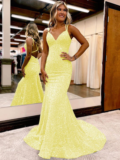 Sheath/Column Velvet Sequins Ruched V-neck Sleeveless Sweep/Brush Train Prom Dress