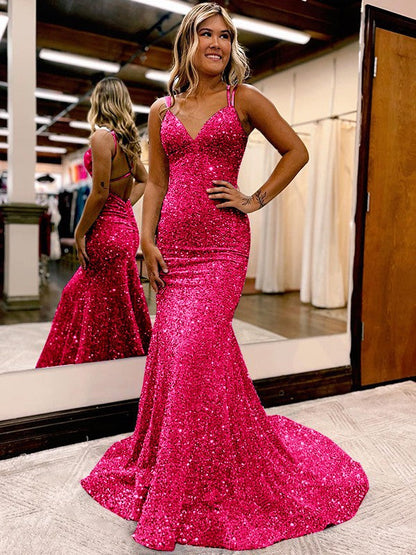 Sheath/Column Velvet Sequins Ruched V-neck Sleeveless Sweep/Brush Train Prom Dress