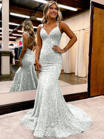 Sheath/Column Velvet Sequins Ruched V-neck Sleeveless Sweep/Brush Train Prom Dress