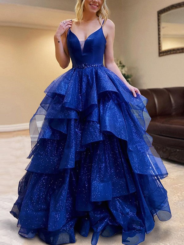 A-Line/Princess Ruffles V-neck Sleeveless Floor-Length Prom Dress