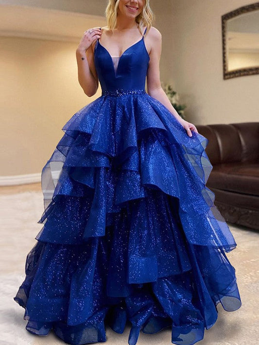 A-Line/Princess Ruffles V-neck Sleeveless Floor-Length Prom Dress