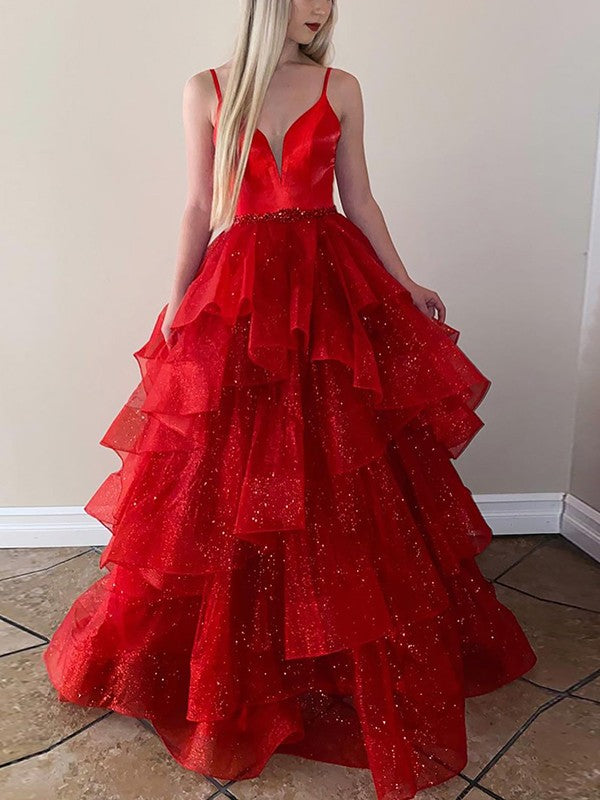 A-Line/Princess Ruffles V-neck Sleeveless Floor-Length Prom Dress