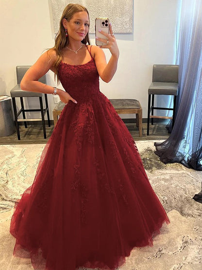 Ball Gown Tulle Applique Spaghetti Straps Sleeveless Sweep/Brush Train Corset Prom Dress