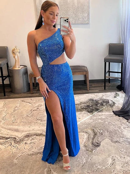 Sheath/Column Jersey Rhinestone One-Shoulder Sleeveless Sweep/Brush Train Prom Dress