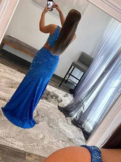 Sheath/Column Jersey Rhinestone One-Shoulder Sleeveless Sweep/Brush Train Prom Dress