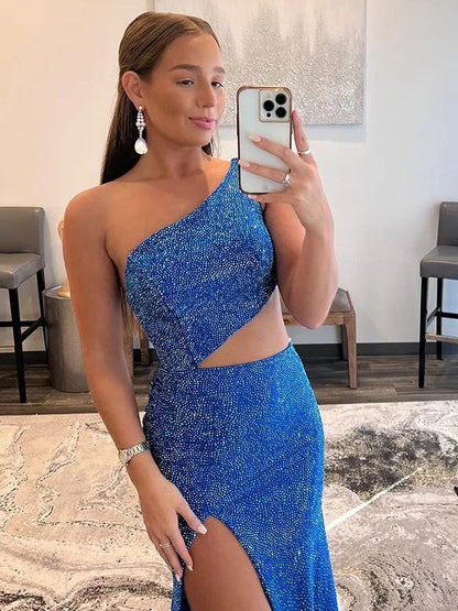 Sheath/Column Jersey Rhinestone One-Shoulder Sleeveless Sweep/Brush Train Prom Dress