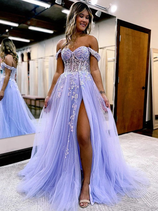 A-Line/Princess Tulle Applique Off-the-Shoulder Sleeveless Sweep/Brush Train Corset Prom Dress