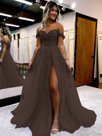 A-Line/Princess Tulle Applique Off-the-Shoulder Sleeveless Sweep/Brush Train Corset Prom Dress