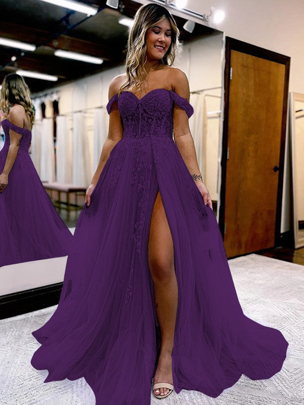 A-Line/Princess Tulle Applique Off-the-Shoulder Sleeveless Sweep/Brush Train Corset Prom Dress