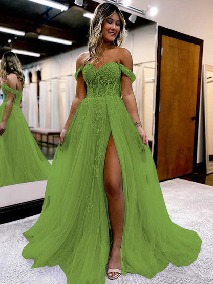 A-Line/Princess Tulle Applique Off-the-Shoulder Sleeveless Sweep/Brush Train Corset Prom Dress