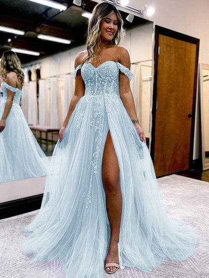 A-Line/Princess Tulle Applique Off-the-Shoulder Sleeveless Sweep/Brush Train Corset Prom Dress
