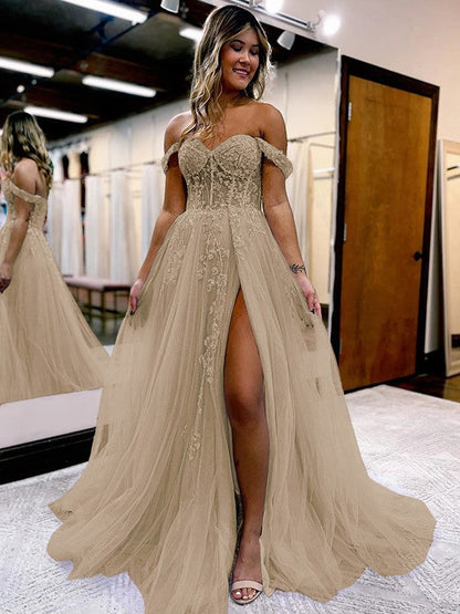 A-Line/Princess Tulle Applique Off-the-Shoulder Sleeveless Sweep/Brush Train Corset Prom Dress