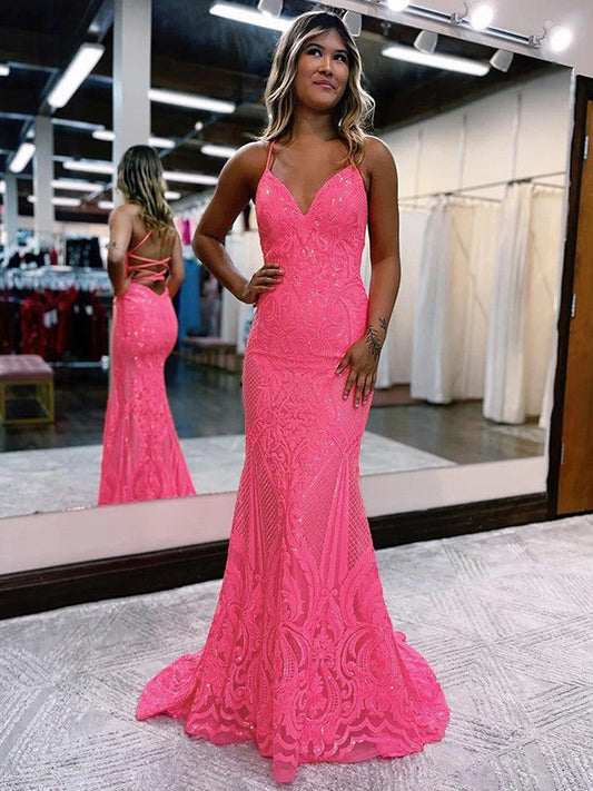 Sheath/Column V-neck Sleeveless Sweep/Brush Train Prom Dress