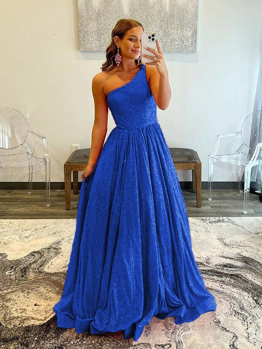 A-Line/Princess Ruffles One-Shoulder Sleeveless Sweep/Brush Train Prom Dress