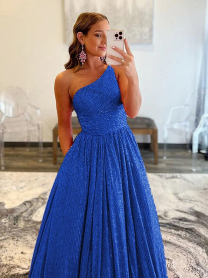 A-Line/Princess Ruffles One-Shoulder Sleeveless Sweep/Brush Train Prom Dress