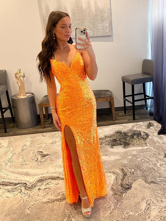 Sheath/Column Sequins V-neck Sleeveless Sweep/Brush Train Prom Dress