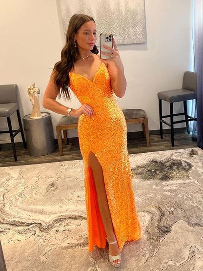 Sheath/Column Sequins V-neck Sleeveless Sweep/Brush Train Prom Dress