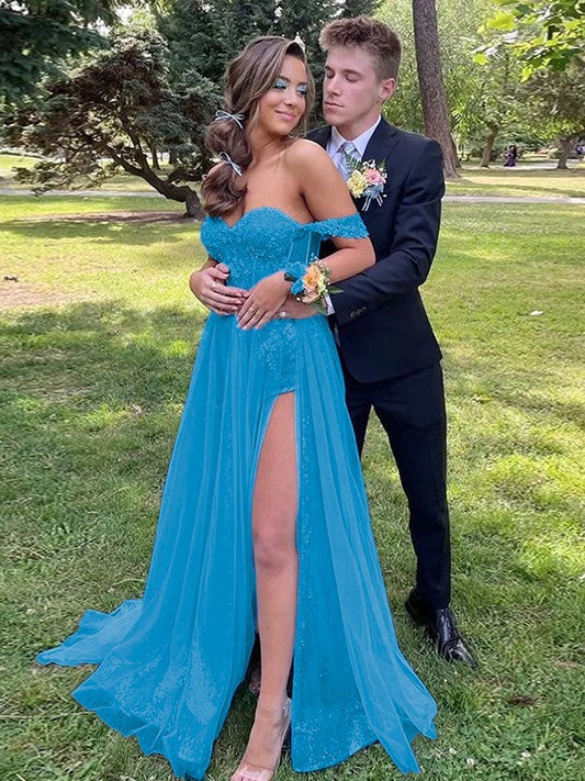 A-Line/Princess Sequins Applique Off-the-Shoulder Sleeveless Sweep/Brush Train Prom Dress