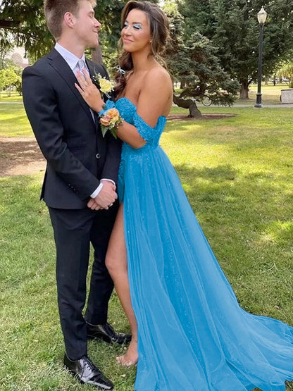 A-Line/Princess Sequins Applique Off-the-Shoulder Sleeveless Sweep/Brush Train Prom Dress