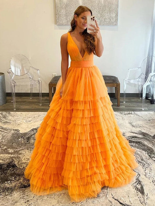 A-Line/Princess Tulle Ruffles V-neck Sleeveless Floor-Length Prom Dress