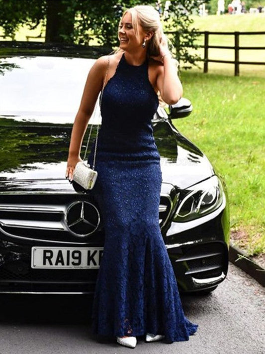 Sheath/Column Lace Halter Sleeveless Sweep/Brush Train Prom Dress
