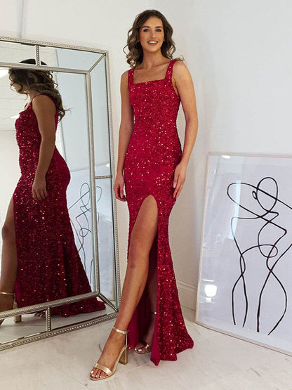 Sheath/Column Velvet Sequins  Straps Sleeveless Floor-Length Prom Dress