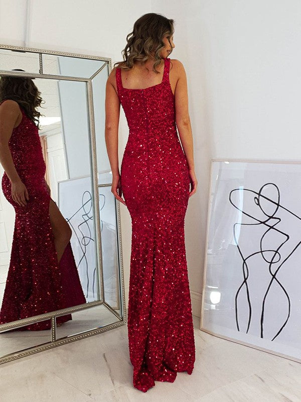 Sheath/Column Velvet Sequins  Straps Sleeveless Floor-Length Prom Dress