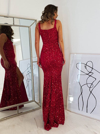 Sheath/Column Velvet Sequins  Straps Sleeveless Floor-Length Prom Dress