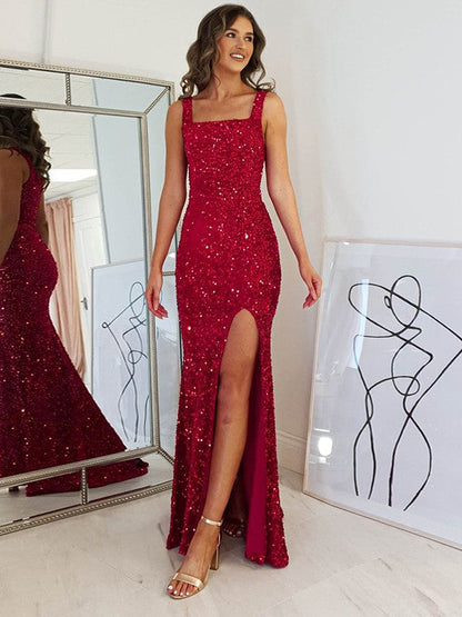 Sheath/Column Velvet Sequins  Straps Sleeveless Floor-Length Prom Dress