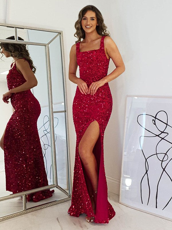 Sheath/Column Velvet Sequins  Straps Sleeveless Floor-Length Prom Dress