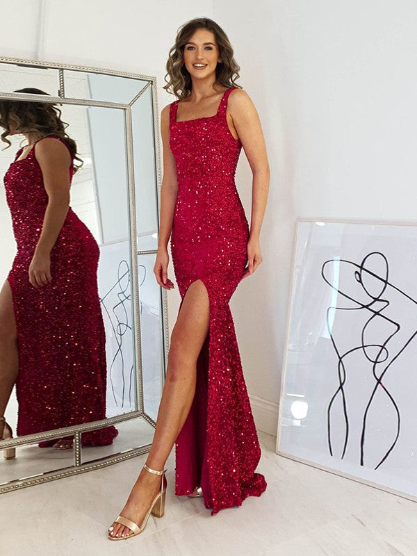 Sheath/Column Velvet Sequins  Straps Sleeveless Floor-Length Prom Dress