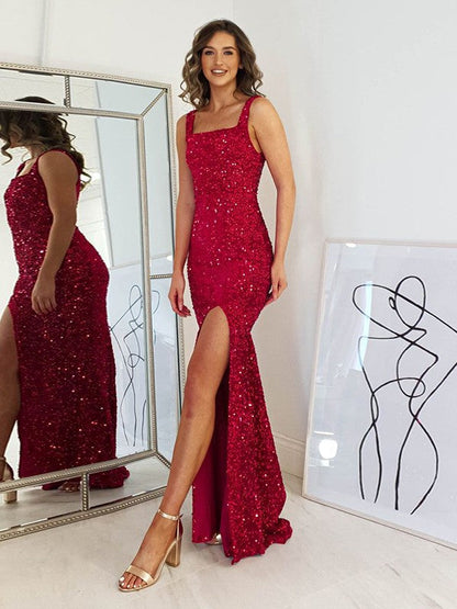 Sheath/Column Velvet Sequins  Straps Sleeveless Floor-Length Prom Dress