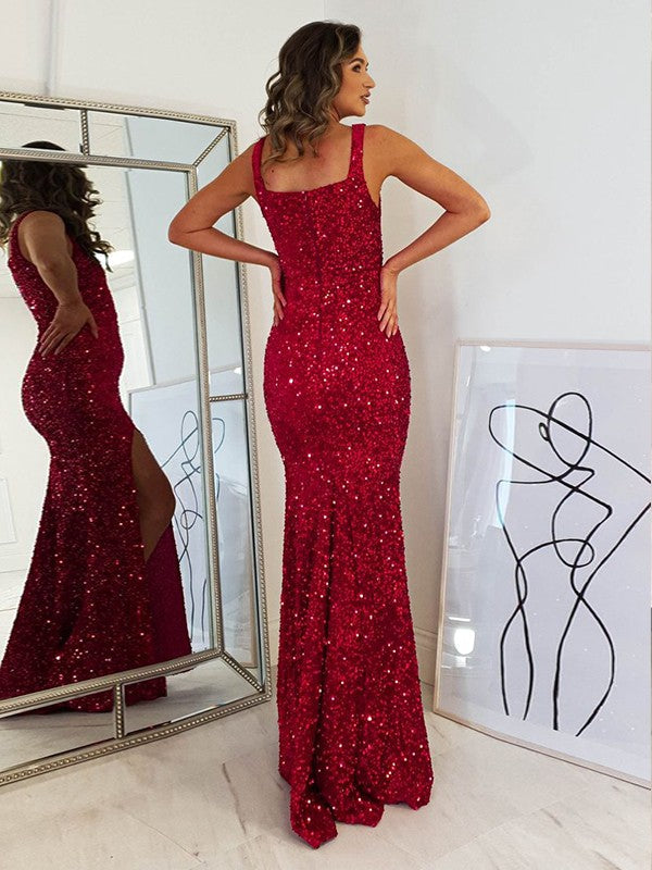Sheath/Column Velvet Sequins  Straps Sleeveless Floor-Length Prom Dress
