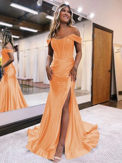 Sheath/Column Elastic Woven Satin Ruched Off-the-Shoulder Sleeveless Sweep/Brush Train Corset Prom Dress