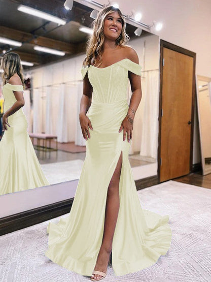 Sheath/Column Elastic Woven Satin Ruched Off-the-Shoulder Sleeveless Sweep/Brush Train Corset Prom Dress