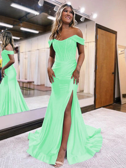 Sheath/Column Elastic Woven Satin Ruched Off-the-Shoulder Sleeveless Sweep/Brush Train Corset Prom Dress