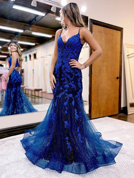 Sheath/Column Applique V-neck Sleeveless Sweep/Brush Train Prom Dress