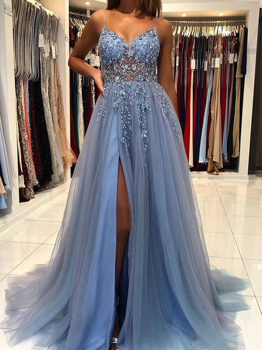 A-Line/Princess Tulle Applique V-neck Sleeveless Sweep/Brush Train Prom Dress