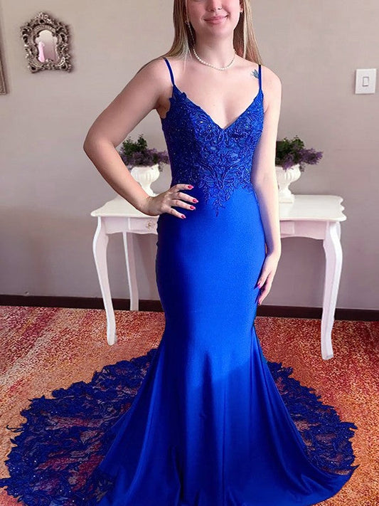 Sheath/Column Jersey Lace V-neck Sleeveless Court Train Prom Dress